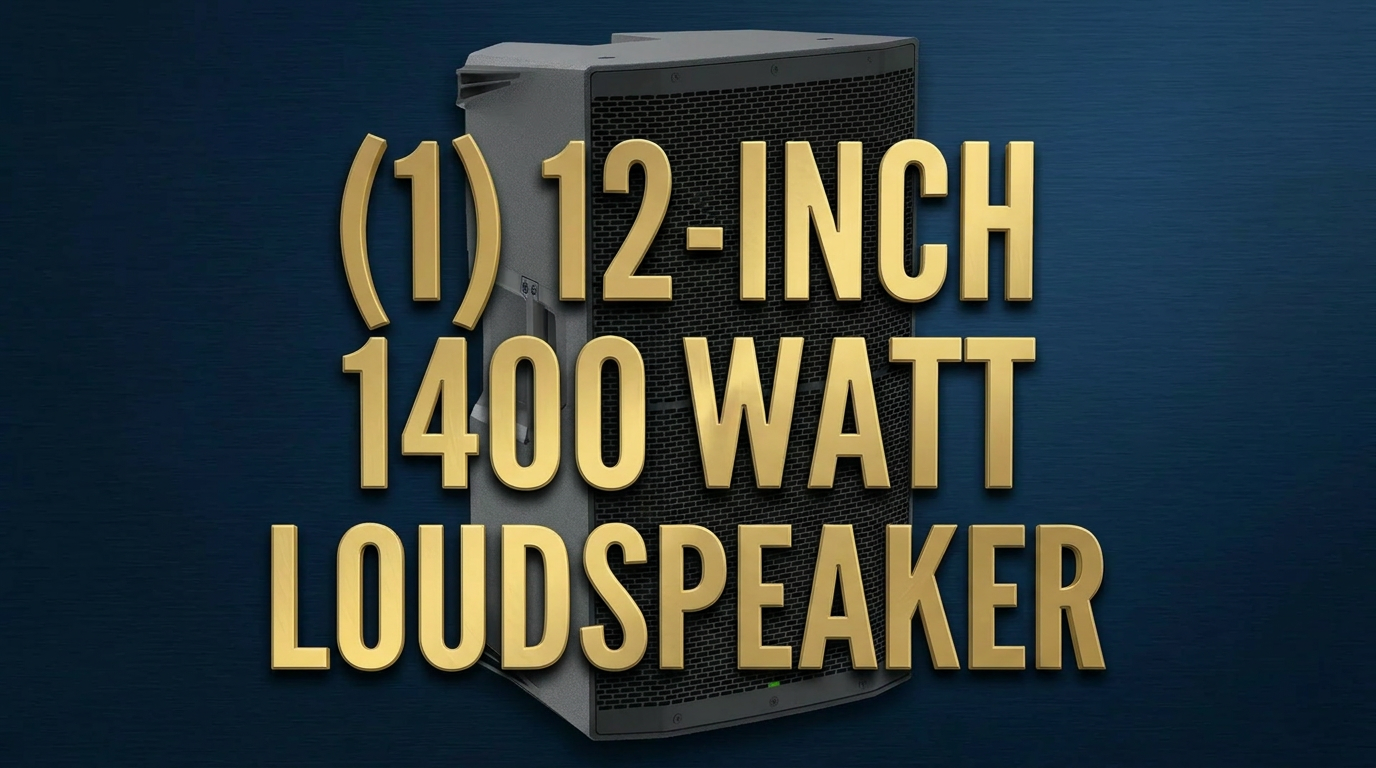 A black 12-inch loudspeaker with gold text overlay listing its specifications, in front of a dark blue background.