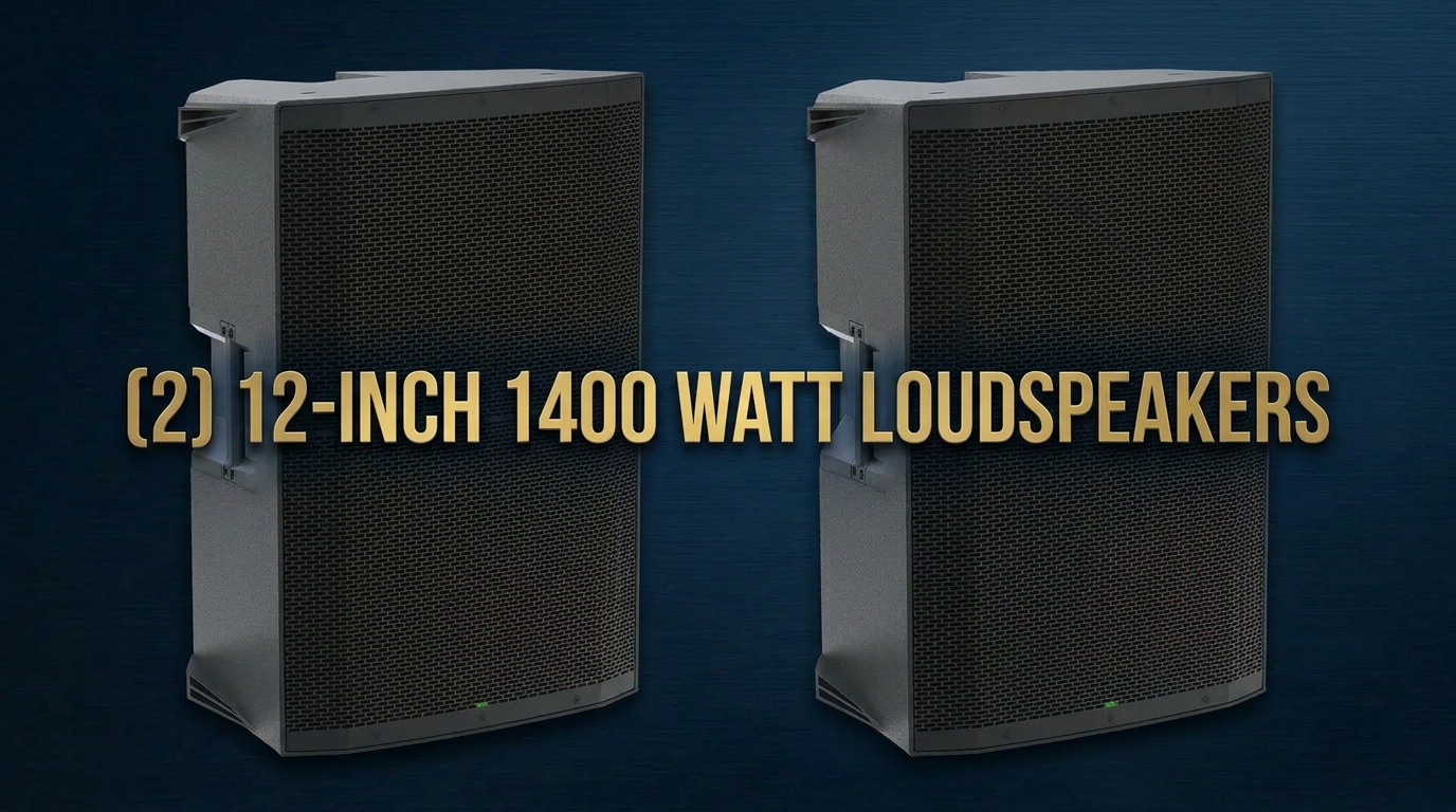 Two large black and grey 12-inch loudspeakers with front grilles and side handles, positioned against a dark blue background. Text overlay reads '(2) 12-INCH 1400 WATT LOUDSPEAKERS'.