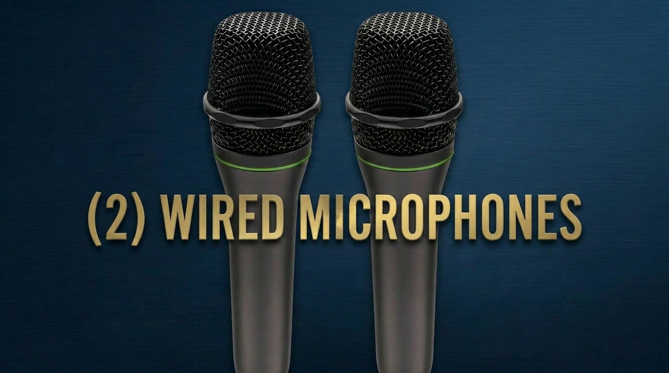 Two wired microphones with a dark blue background, positioned upright and close to each other, with the text '(2) Wired Microphones' overlaid.