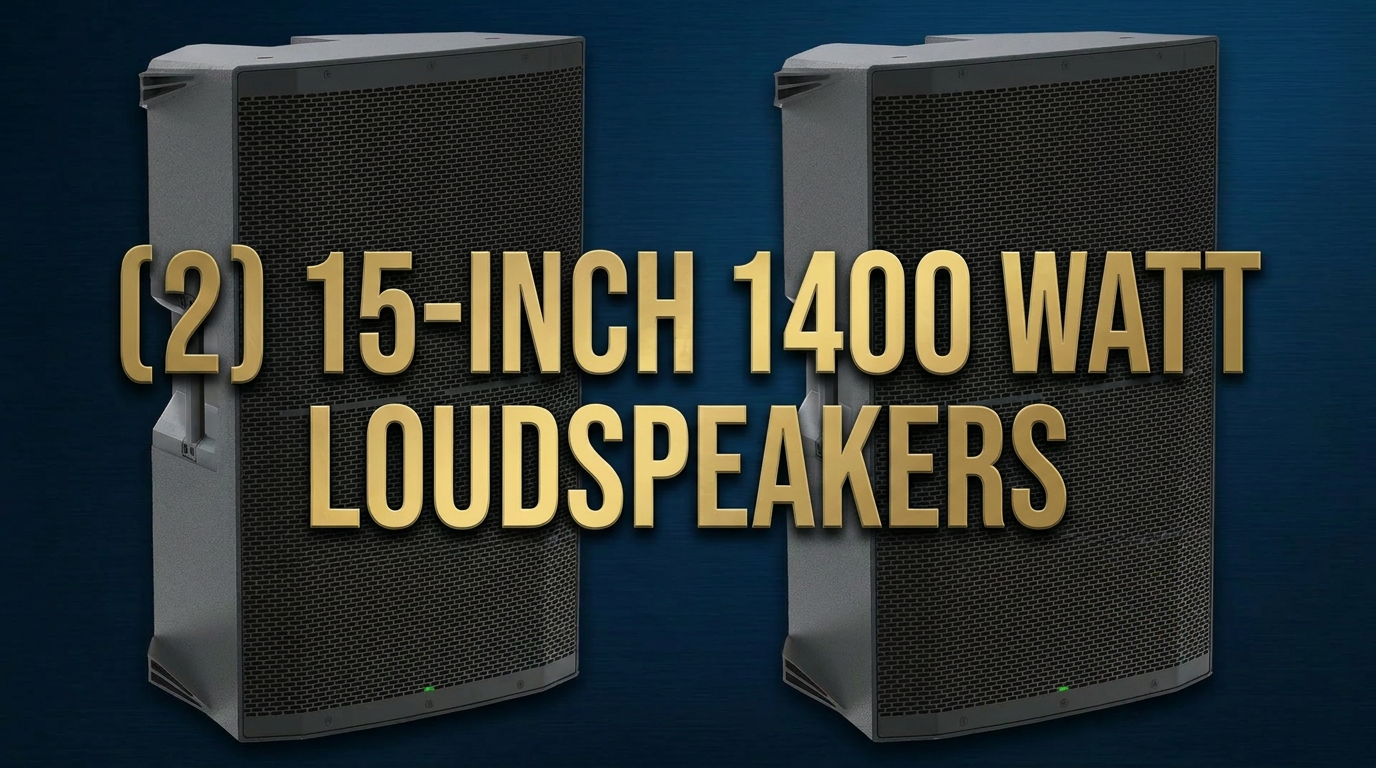 Two large black 15-inch 1400 watt loudspeakers against a dark blue background with gold text overlay indicating specifications.