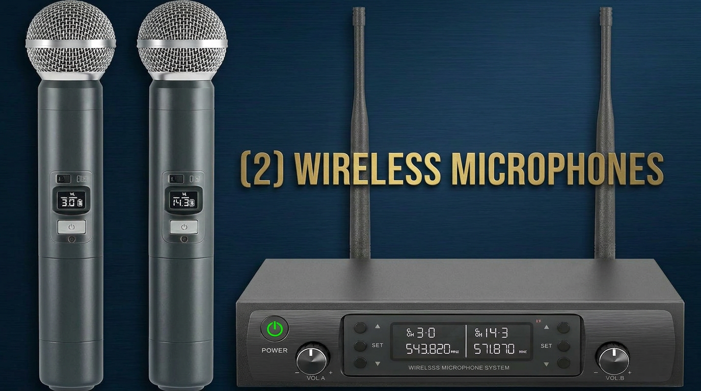 Two wireless microphones and a wireless microphone system with a display and control knobs.