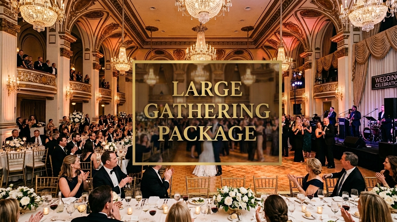 Elegant ballroom wedding reception with ornate chandeliers, decorated tables with white flowers, and a live band on stage. Large central banner reads 'Large Gathering Package.' Guests are dressed formally, clapping and watching the dance floor.