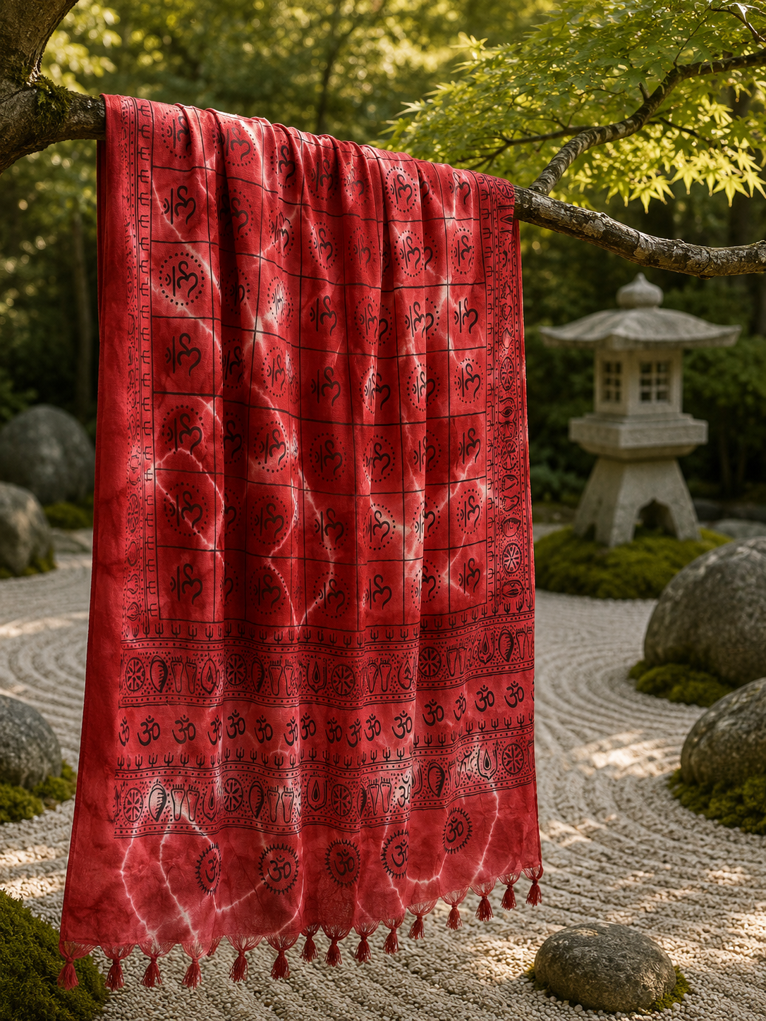 Red Tie Dye Ohm Scarf With Tassels