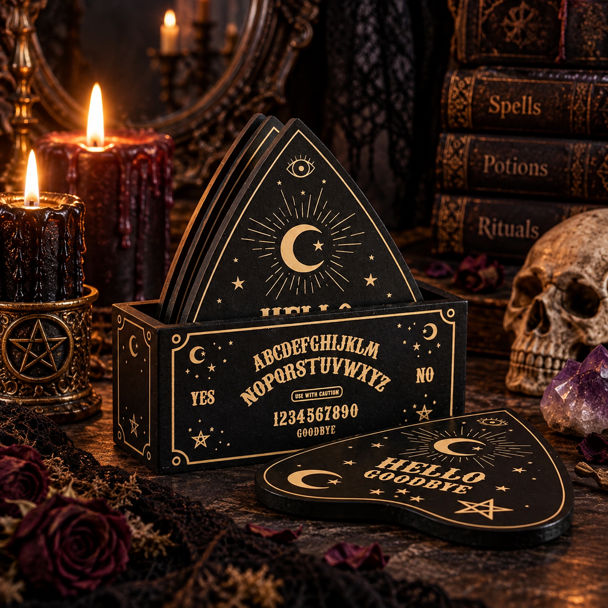Black Talking Board Planchette Coaster Set
