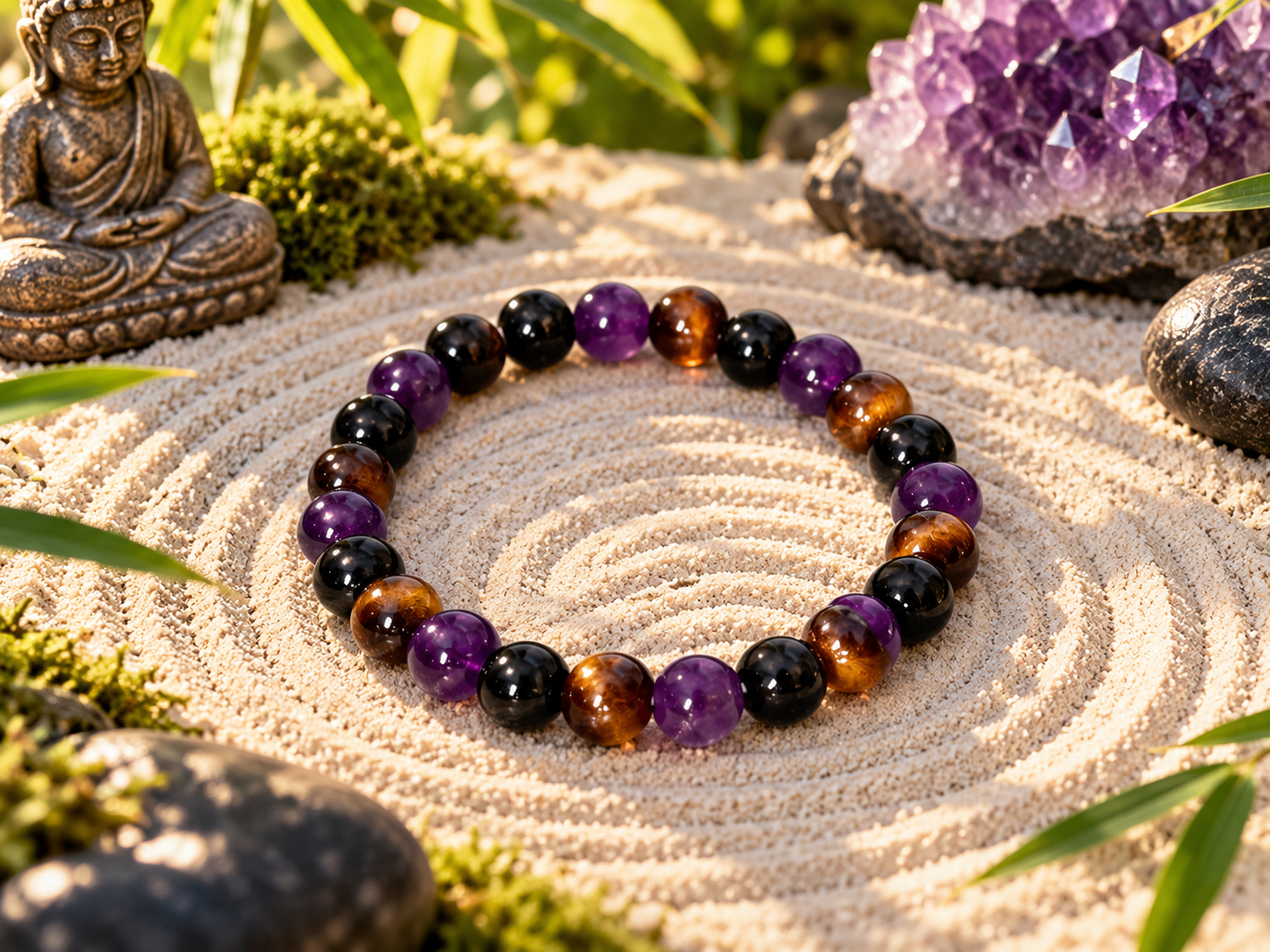 Reiki Infused Amethyst, Tiger's Eye & Black Tourmaline Bracelet 8mm