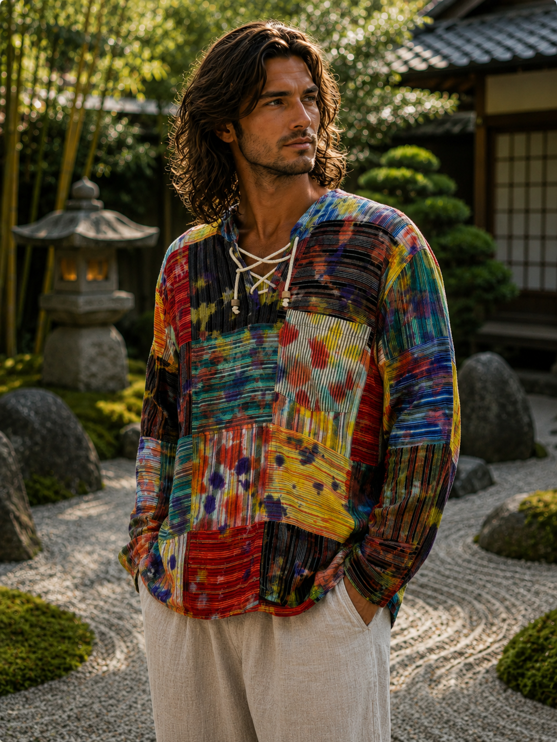Rainbow Tie Dye Patchwork Lace Up Kurta Medium