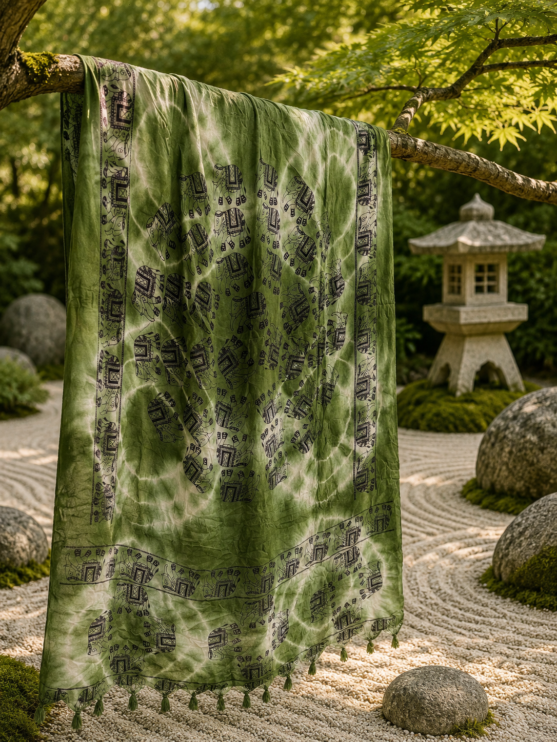 Green Tie Dye Elephant Scarf With Tassles