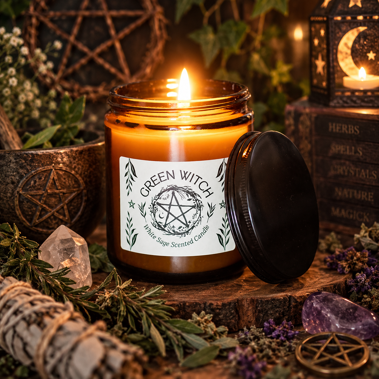 Green Witch White Sage Amber Glass Candle