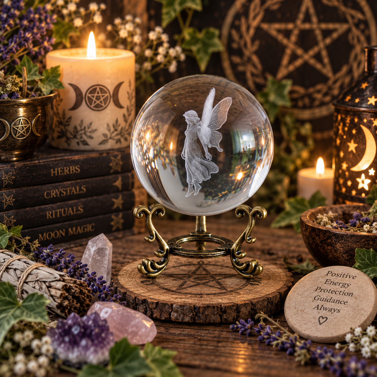 Stardust Fairy Laser Engraved Glass Crystal Ball and Stand