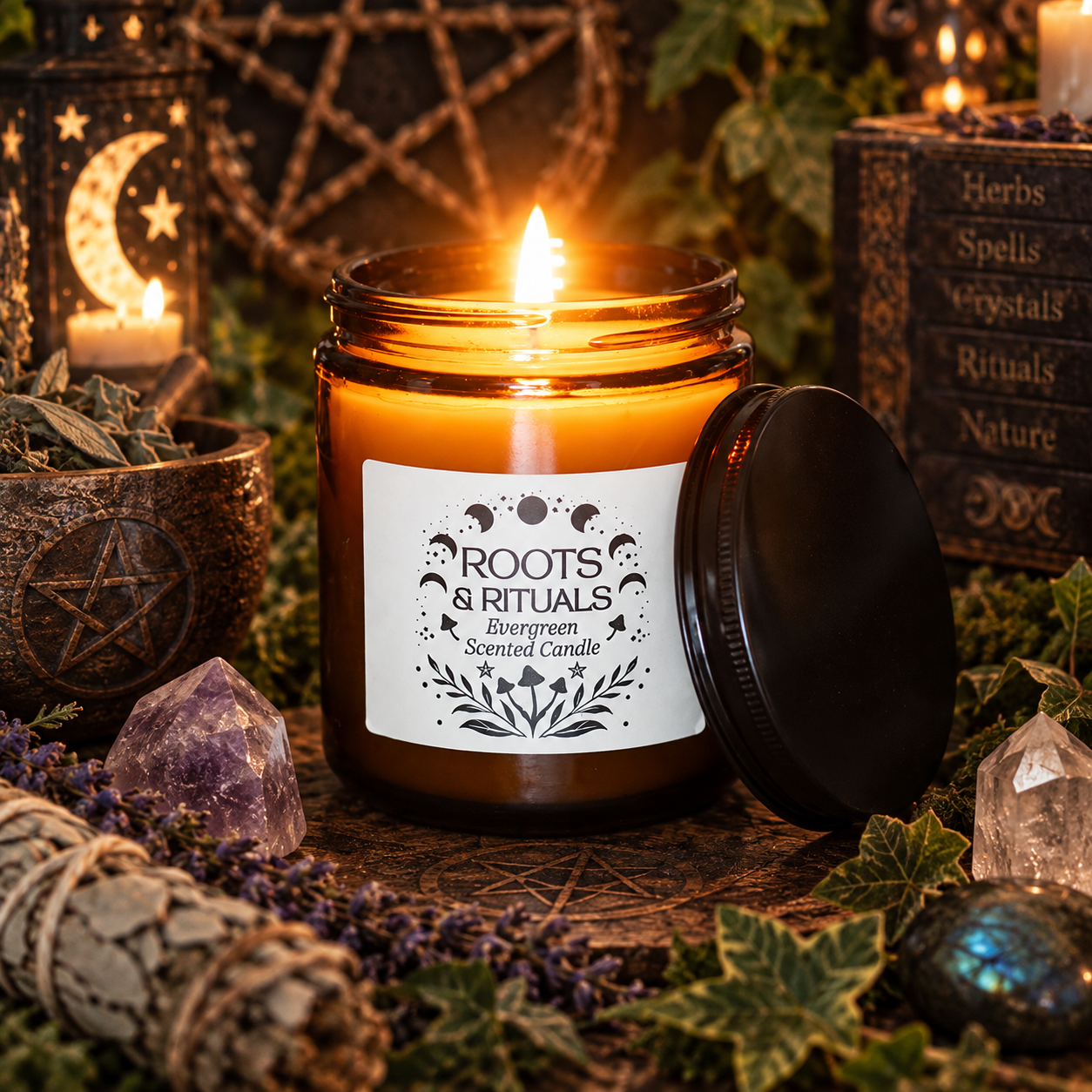 Roots & Rituals Evergreen Amber Glass Candle