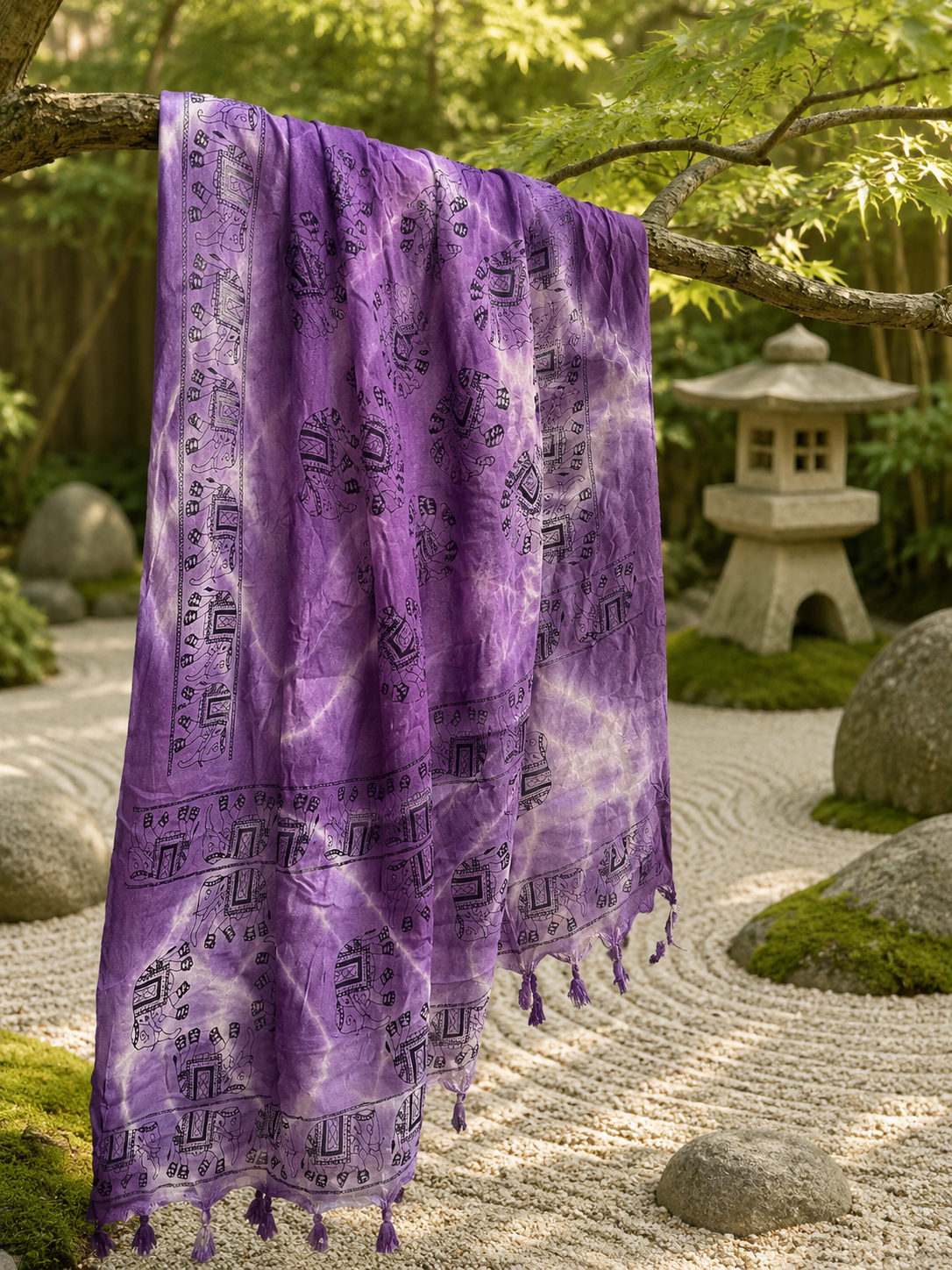 Purple Tie Dye Elephant Scarf Wtih Tassles
