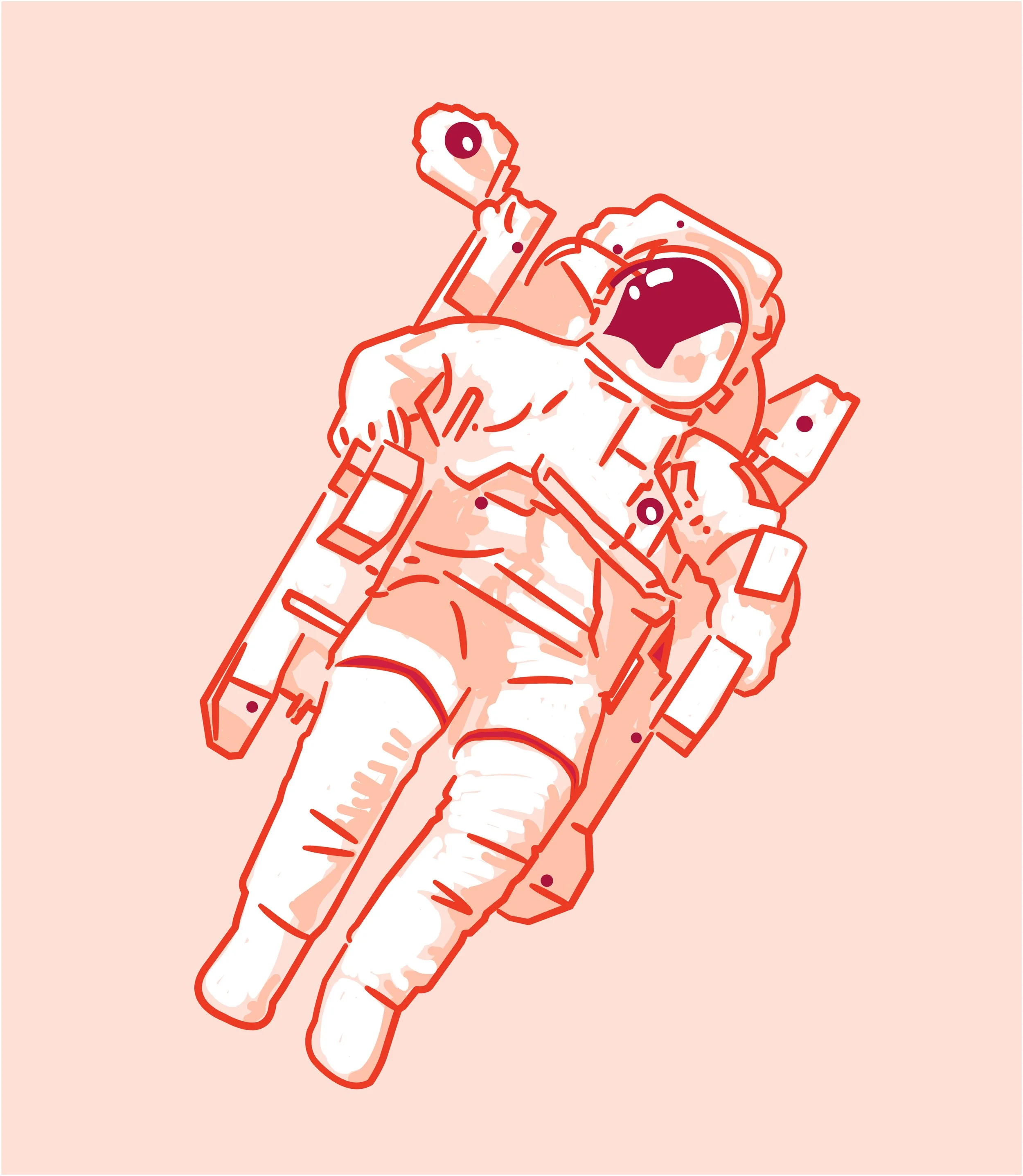 A digital drawing of an astronaut's hand with fingers extended, in a relaxed pose, set against a pink background.