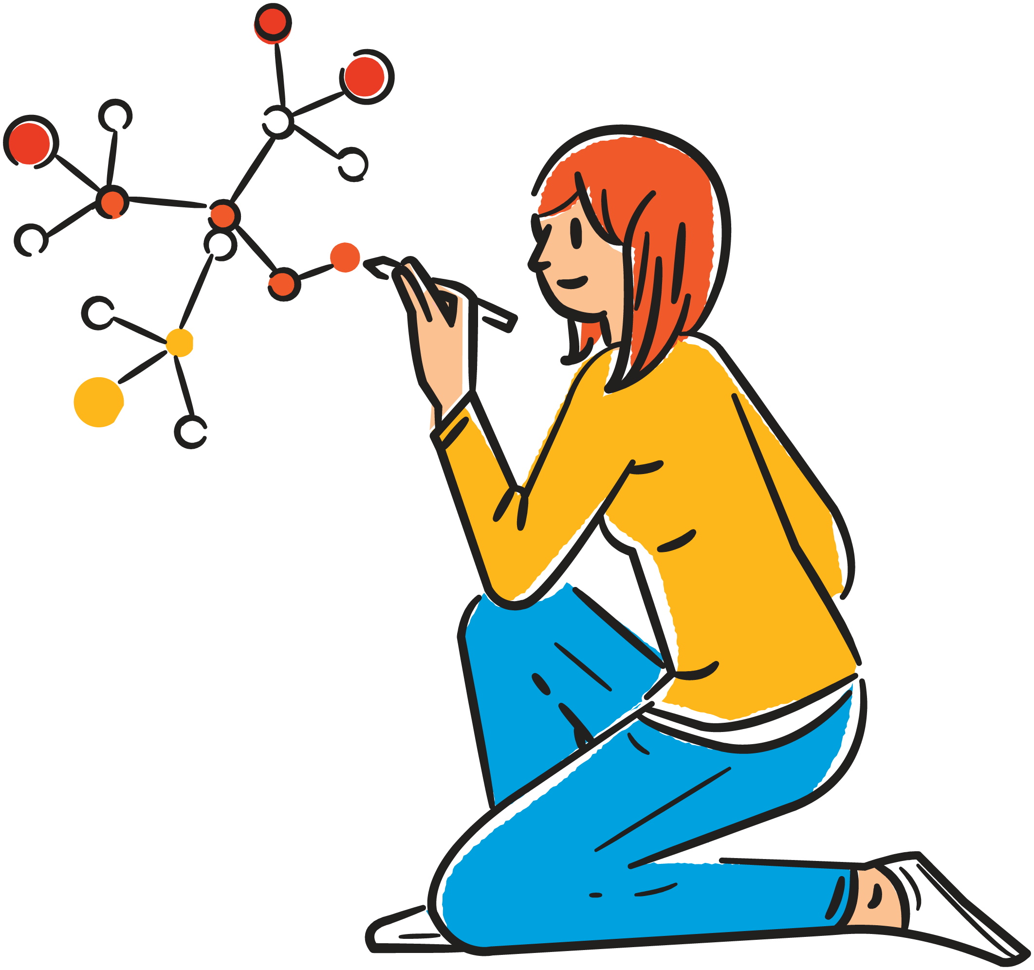 Illustration of a person with reddish hair smiling and looking at a molecular structure on a black background.