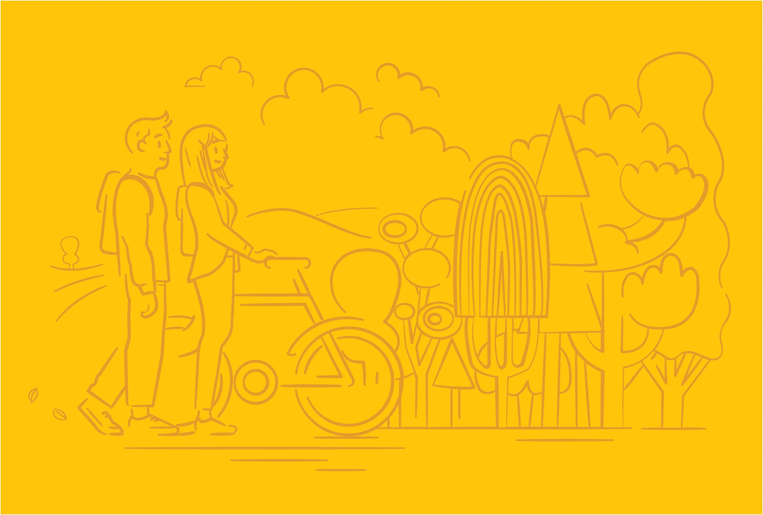Line drawing of two people walking outdoors with trees, clouds, a rainbow, a bicycle, and an abstract tent in the background, all in yellow.