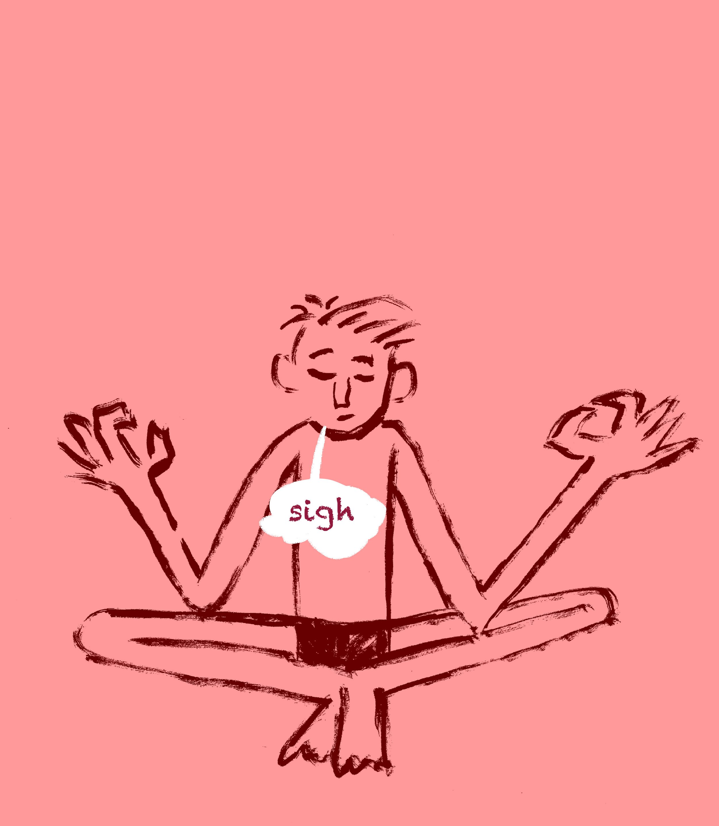 A sketch of a person sitting at a table, with a speech bubble that says "sigh" and hands raised, appearing frustrated or tired, with scattered papers around.
