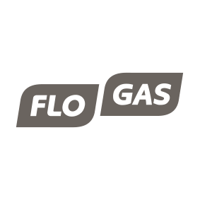 Logo of Flo Gas with gray and white text on a dark background.