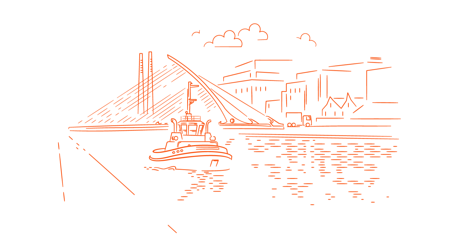 Dublin Docklands. Line art illustration of a city skyline with a bridge, boats, and buildings reflected in the water, drawn in orange lines on a black background.