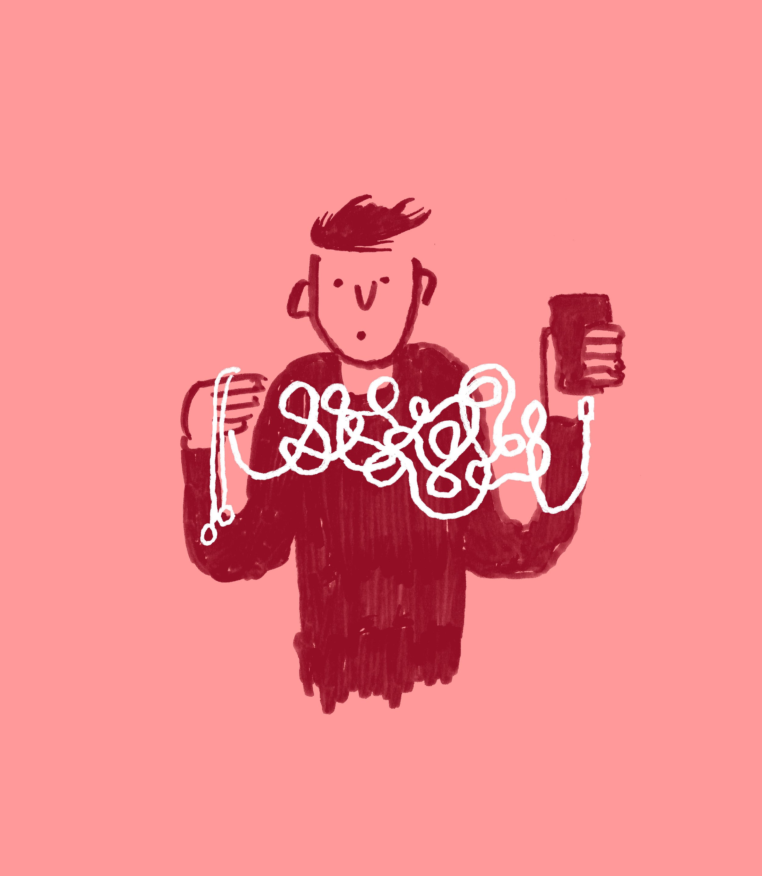 A hand-drawn illustration of a person with a surprised expression, dark hair, holding a tangled ball of string in one hand and a large smartphone in the other, against a pink background.