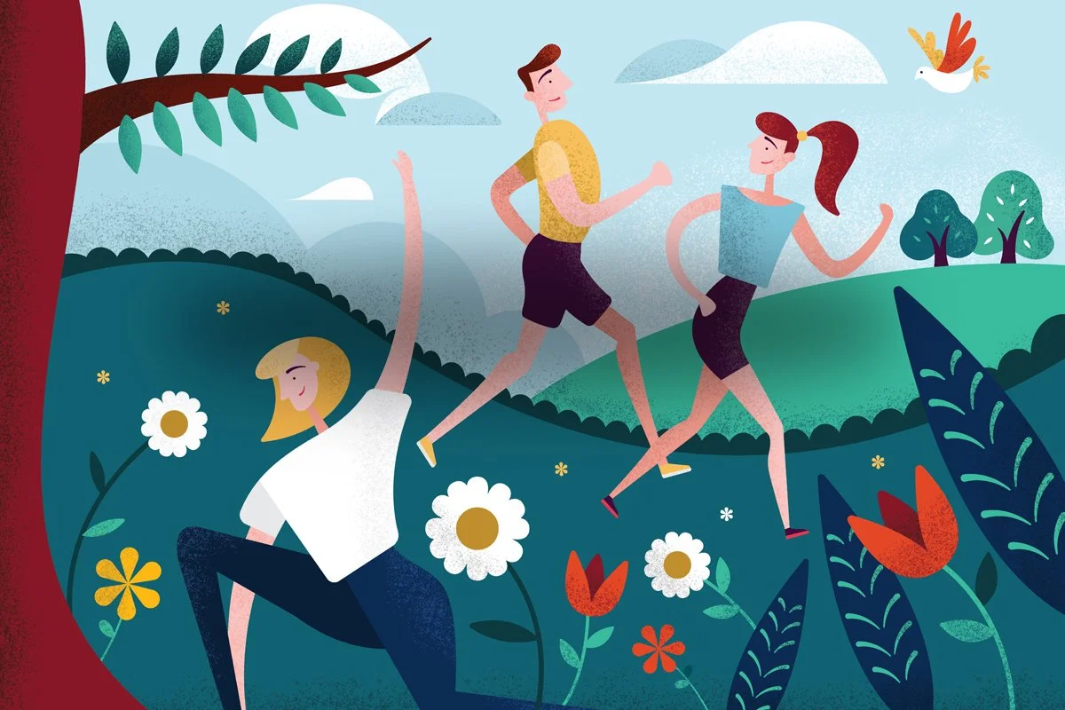 King Koil Brand Illustration of three people enjoying outdoor activities in a lush, green, hilly landscape with flowers, trees, clouds, and a flying bird.