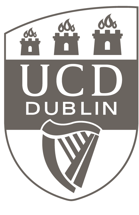 UCD Dublin logo with a shield featuring three turrets with flames on top and a harp at the bottom.