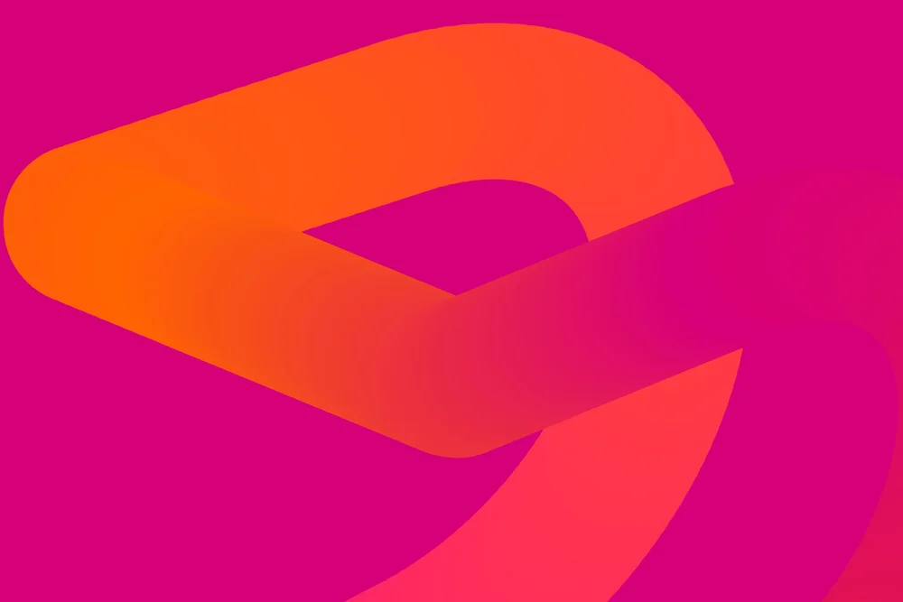 A close crop of an identity mark, orange curve running across a magenta ground