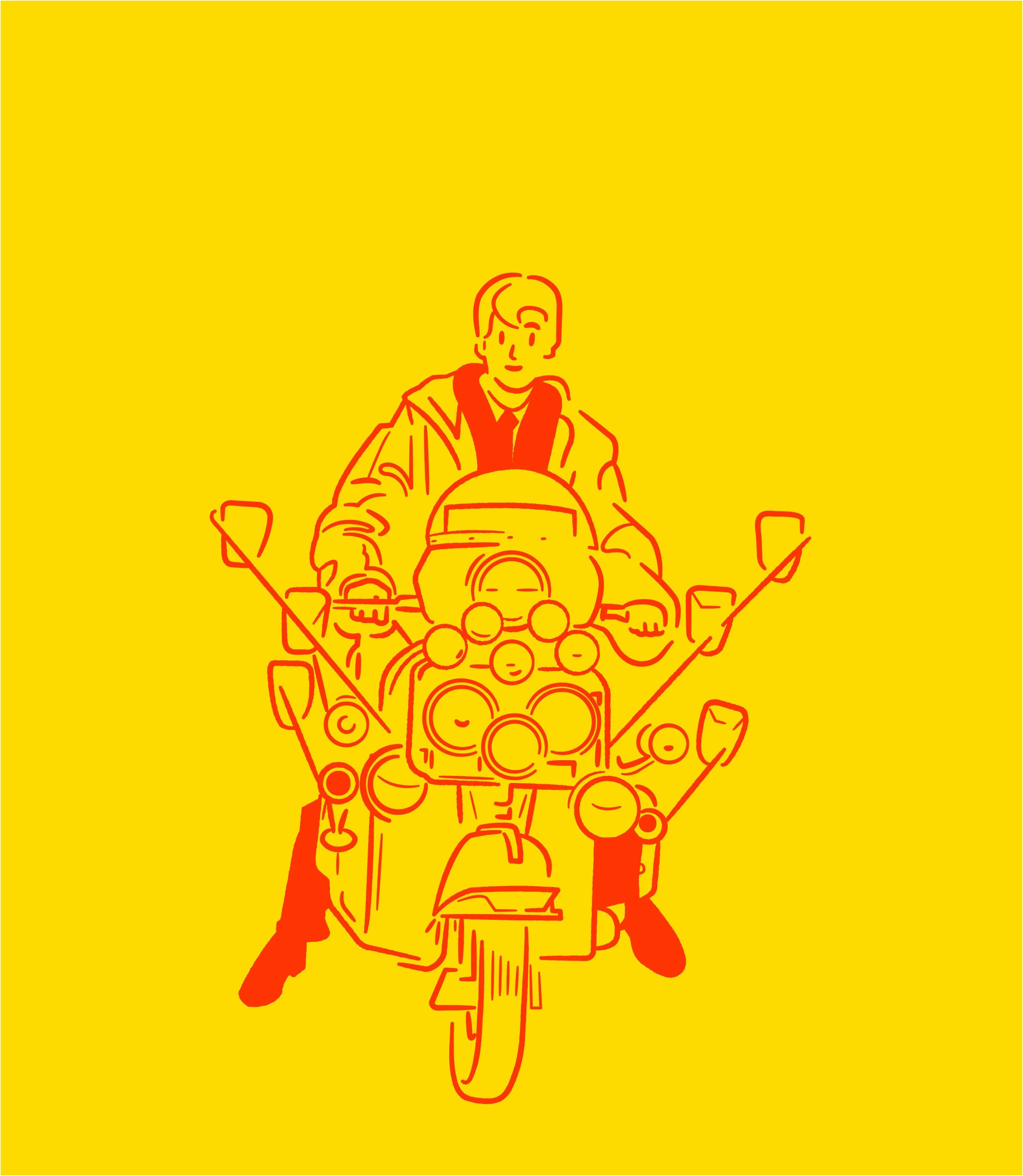 Minimalist line drawing of a person riding a motorcycle, with a mountain range in the background, displayed over a yellow background.
