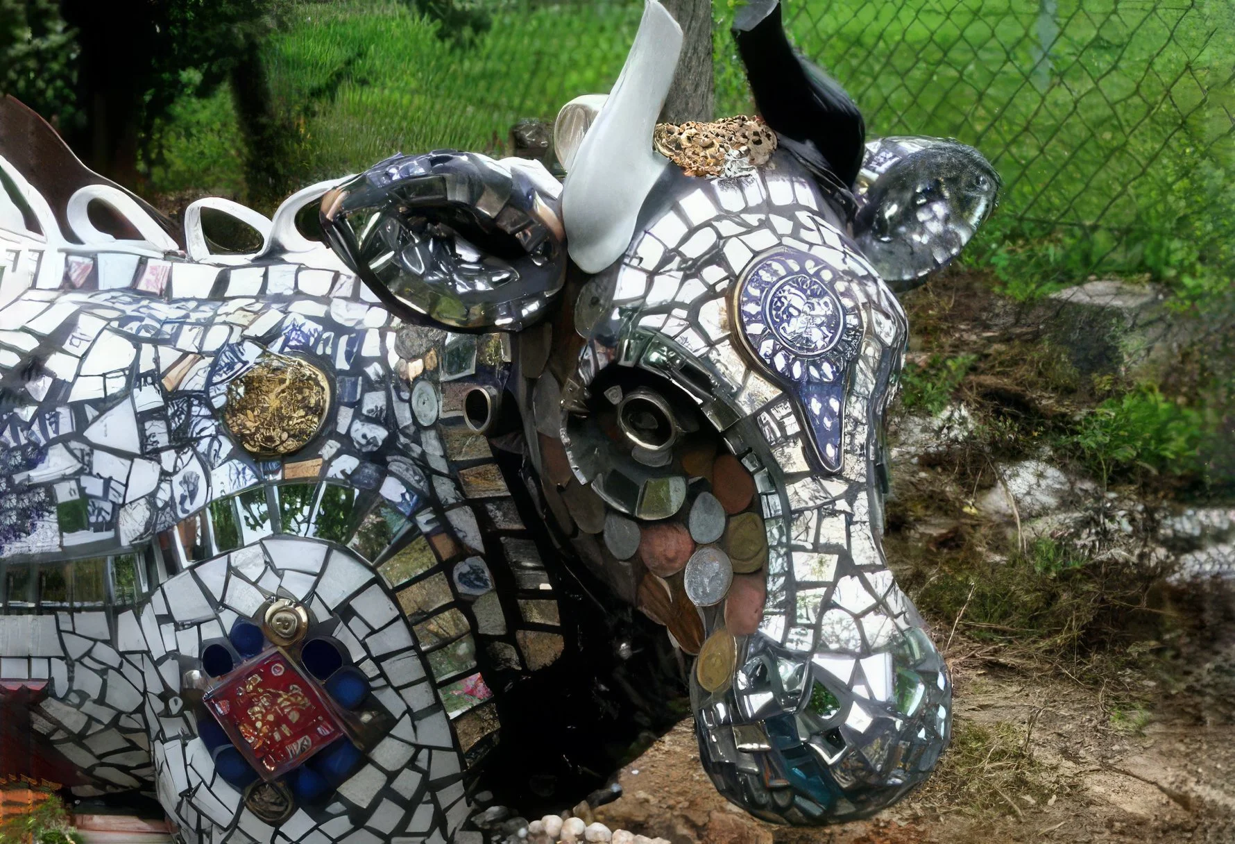 Engel Kuh (Angel Cow) 2006   Cow adorned with ceramics, old phennings and other materials.