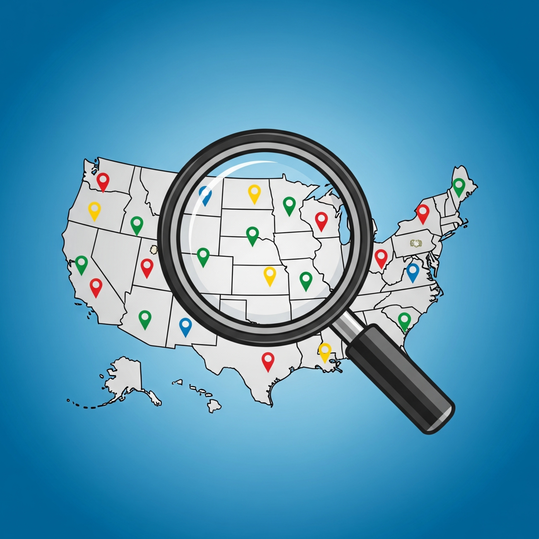 Map of the United States with colored location pins and a large magnifying glass focusing on the middle of the country.