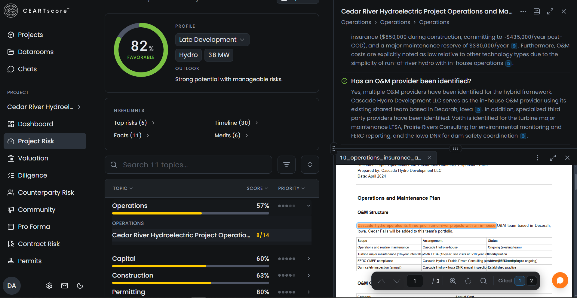 Project risk detail with supporting analysis and a source document preview