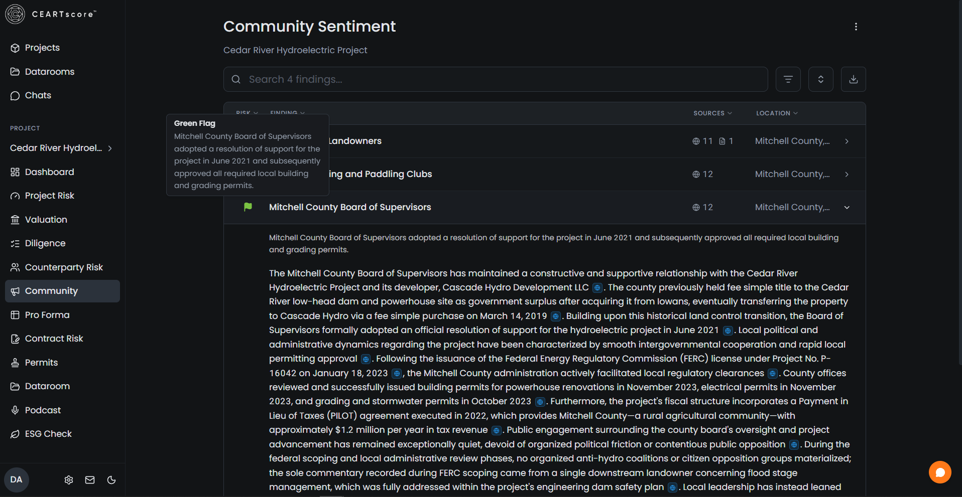 Community sentiment view with stakeholder flags and supporting commentary