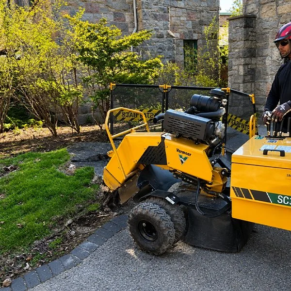 Un homme portant un casque de sécurité utilise une machine de coupe de béton jaune avec le logo 'Vermeer' pour enlever une bordure de trottoir en pierre le long d'une pelouse dans un jardin.