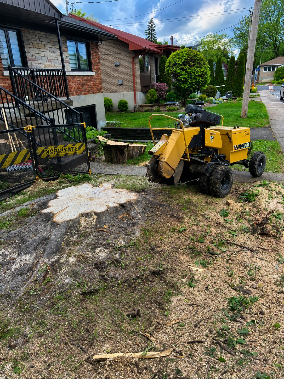 Une vue d'une cour résidentielle avec un arbre coupé, une machine de taille de bois, un espace de jardin en rénovation et une maison en arrière-plan.