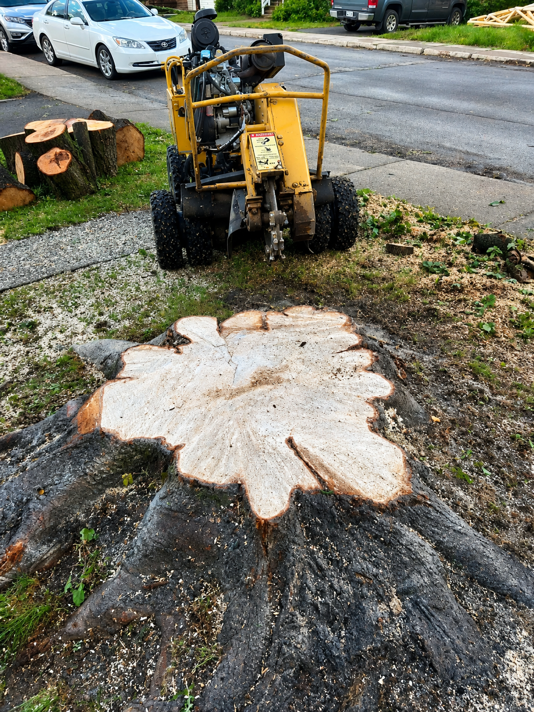 tronc d'arbre récemment coupé avec une machine de débardage à proximité, dans une zone urbaine