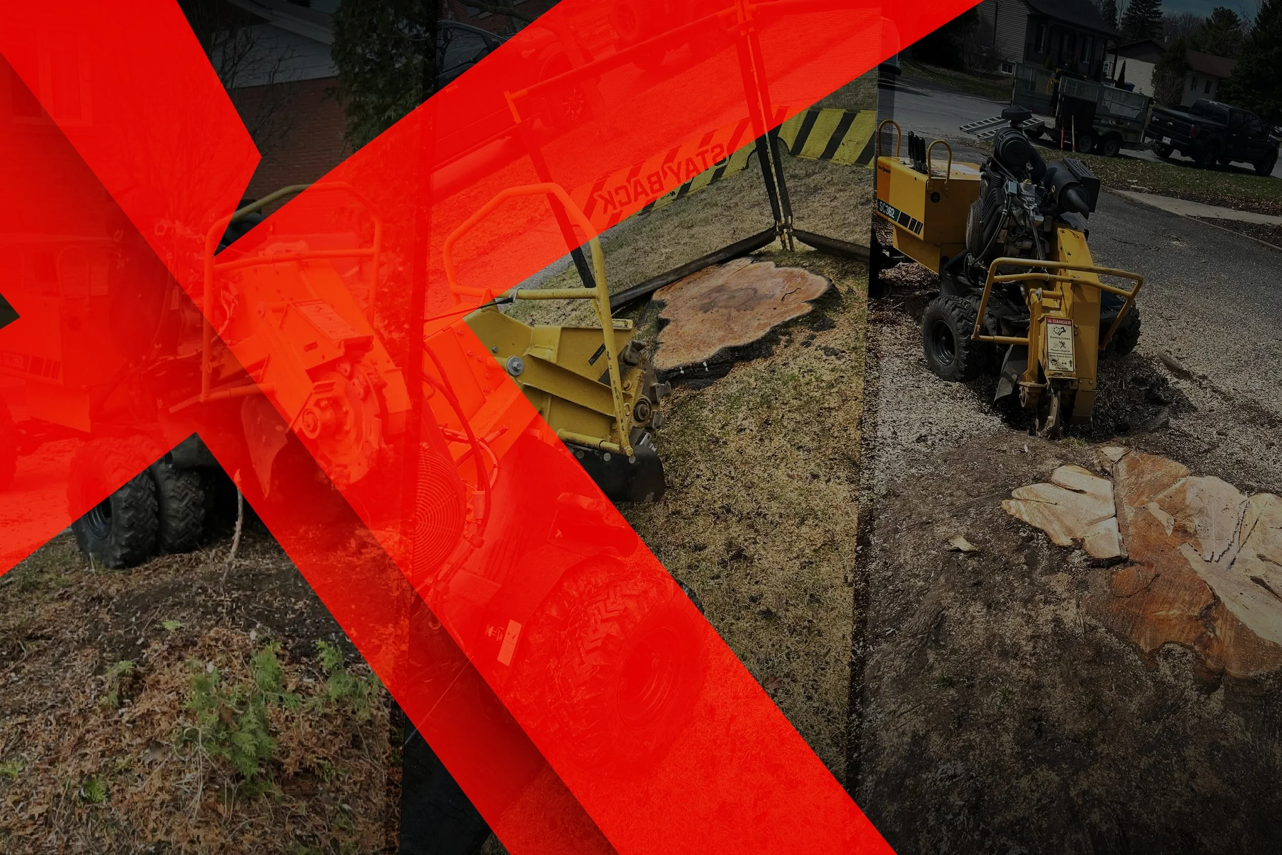 Un engin de travaux jaunes en train de faire des réparations sur une route pavée, avec un panneau de délimitation et plusieurs voitures en arrière-plan.