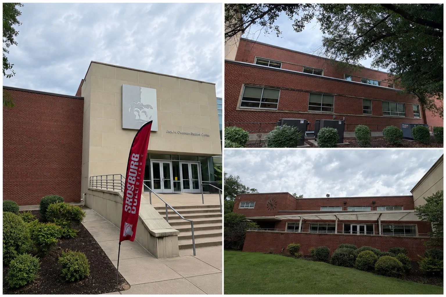 Exterior of the Jack H. Overman Student Center, a modern brick and concrete building with landscaped bushes, parking meter, and a clock on the upper part of the building