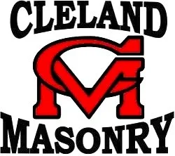 Cleland Masonry logo featuring bold black text and a central red and black mason's square emblem.