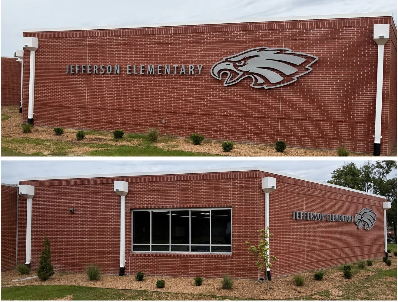 Exterior of Jefferson Elementary School building with brick walls, the school's name, and a stylized eagle logo on the wall.