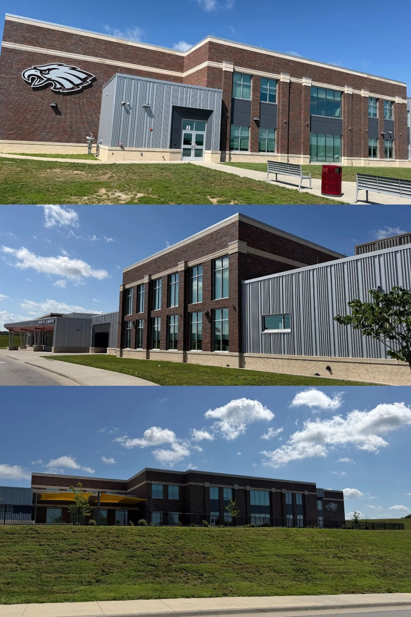 A brick building under construction with a logo of an eagle on the side, construction equipment and supplies on the ground near the building, blue sky with clouds overhead.