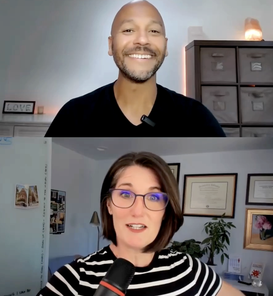 A man and a woman are smiling in a video call, with books, photos, and framed certificates in the background.