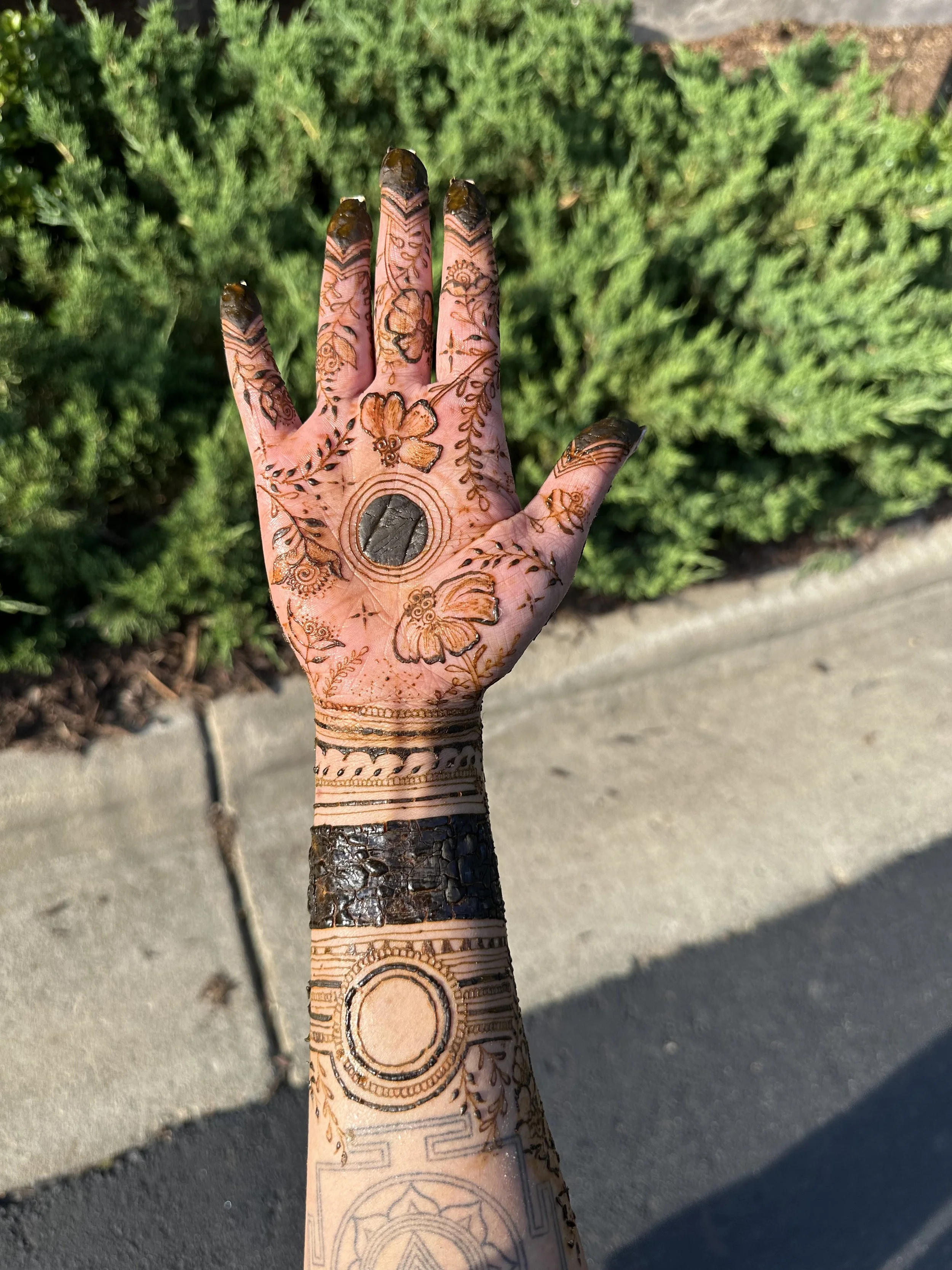 A hand decorated with intricate henna designs, including flowers, circles, and geometric patterns, is raised against a background of green bushes and a sidewalk.