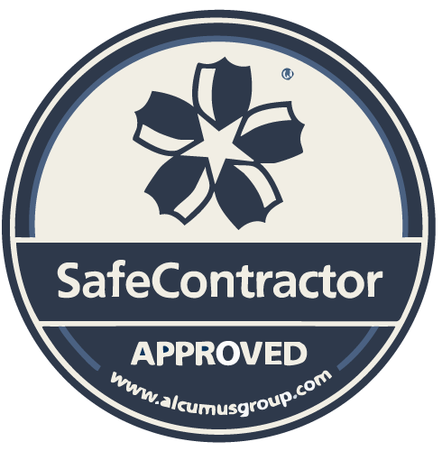 Circular badge with a flower logo, text that reads 'SafeContractor Approved,' and a website URL 'www.alcumusgroup.com'.