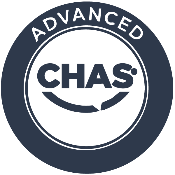A circular logo with a dark blue background and white text that reads 'ADVANCED' at the top, and a central stylized logo with the letters 'CHAS' and a curved line underneath.