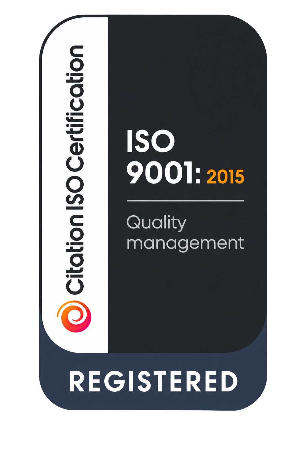 Certification badge for ISO 9001:2015 quality management, registered by IISO Certification.