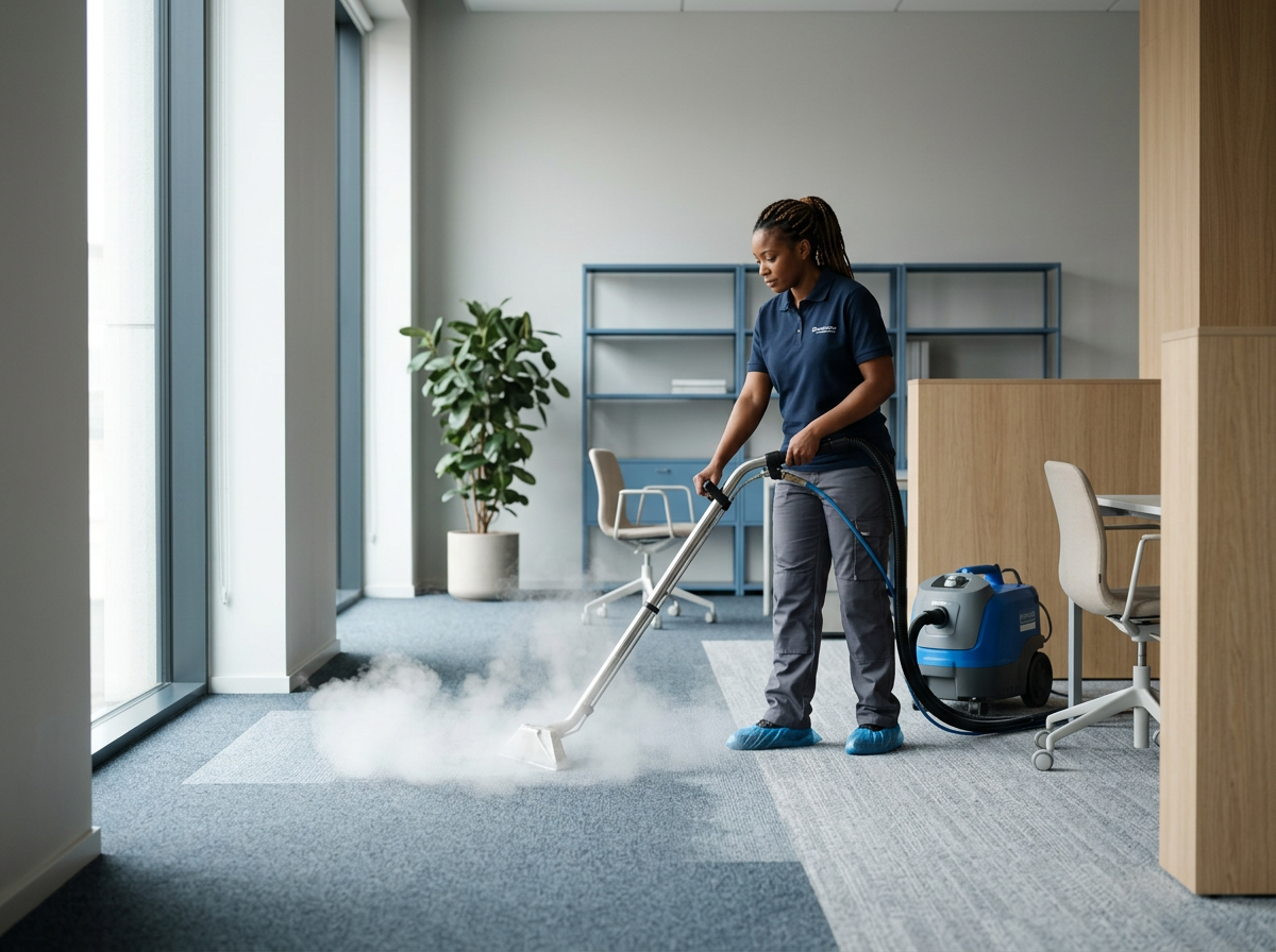 A woman is cleaning the office carpet with a steam cleaning machine. She is wearing a navy blue uniform and blue shoe covers, in a modern office with large windows, a plant, and office furniture.