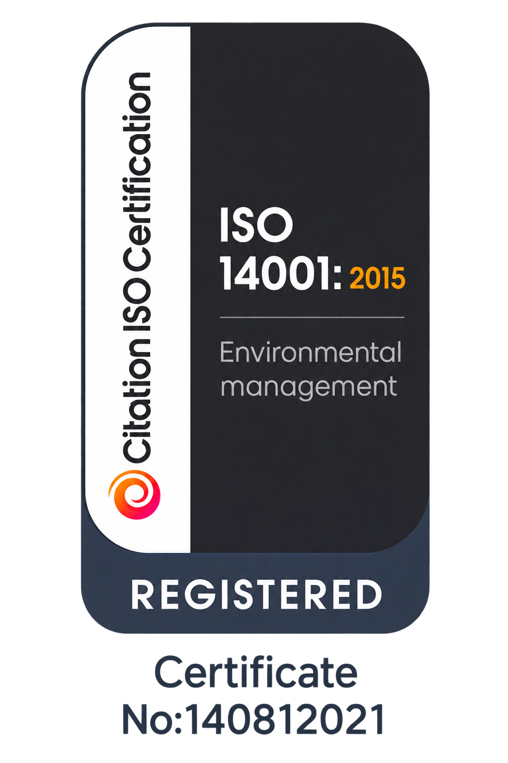 Environmental management certification badge for ISO 14001:2015, issued by C Certification Ocean, indicating registration status.