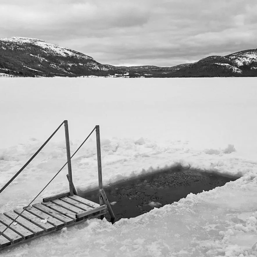 Een ijskoud meer met een trap die in het ijs is uitgehakt. Op de achtergrond bergen onder een bewolkte hemel. Mental health, coaching, welzijn, natuur, kalmte, groei, innerlijke rust