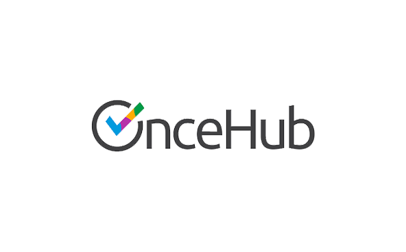 OnceHub logo featuring a checkmark inside a circle with a multicolored fill, and the text "OnceHub".