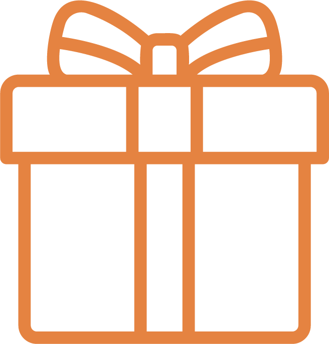 Outline of a gift box with a bow on top, in a minimalist line art style.