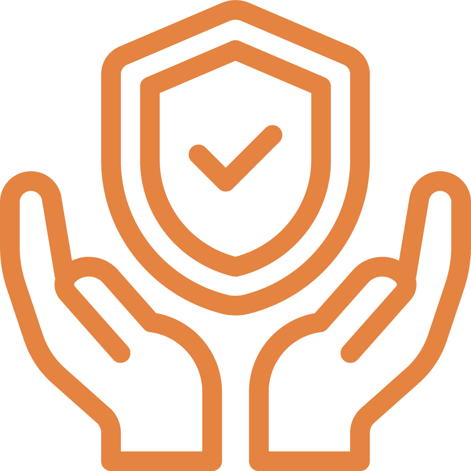 Illustration of two hands holding a shield with a check mark, symbolizing protection or security.