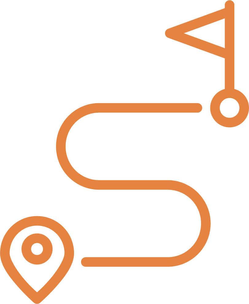 Map with a winding path, a flag at the top, and a location pin at the bottom.